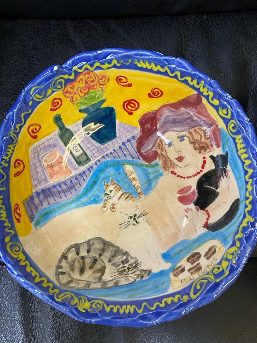 whimsical, hand-painted ceramic bowl by artist Louise Hopson bundle of 2